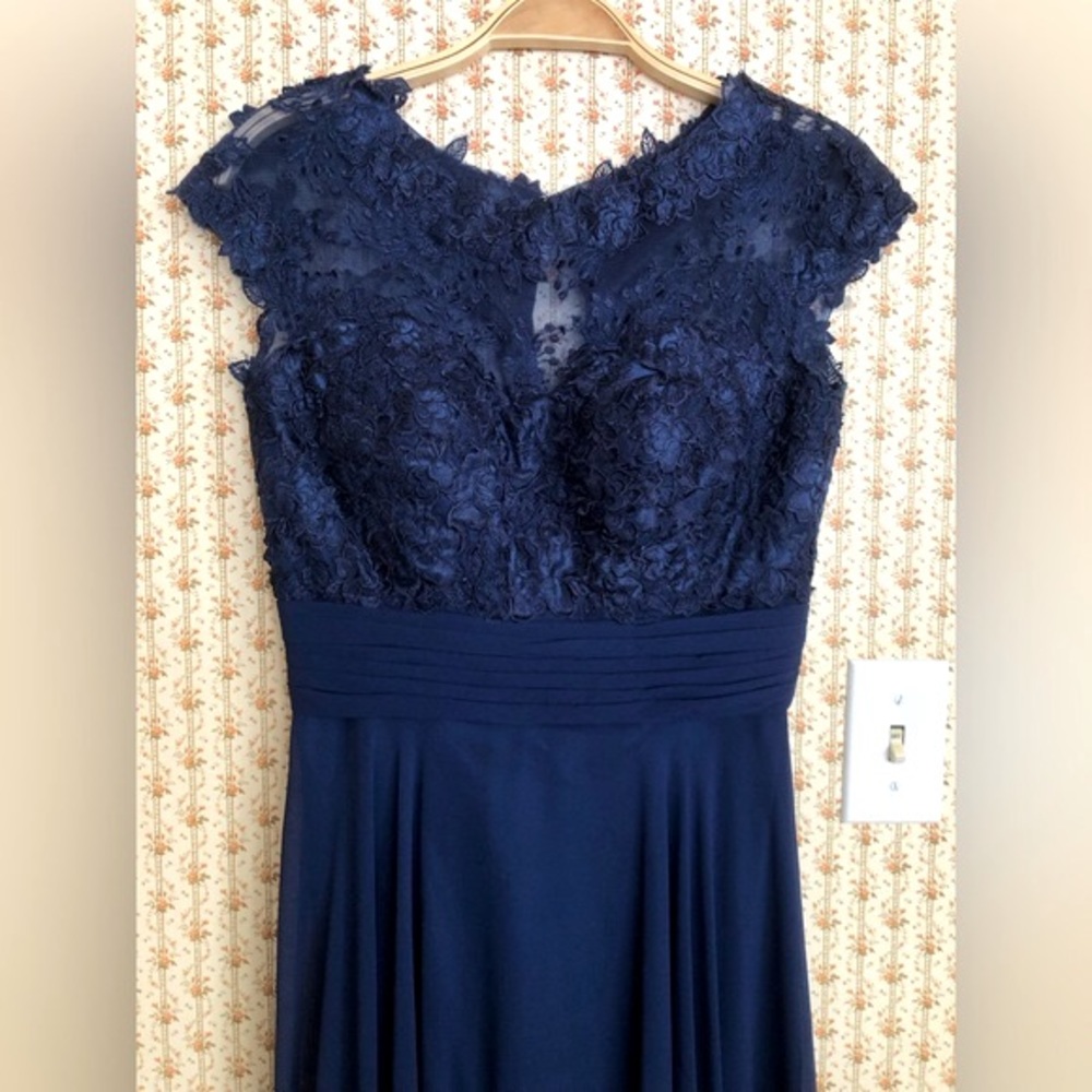 La Femme Lace Chiffon Maxi Evening Gown in Navy | 6 - Picture 3 of 8